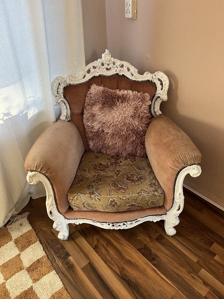 Vintage barok fauteuil – oudroze – brocante stijl, Ophalen, Hout, Gebruikt, 75 tot 100 cm