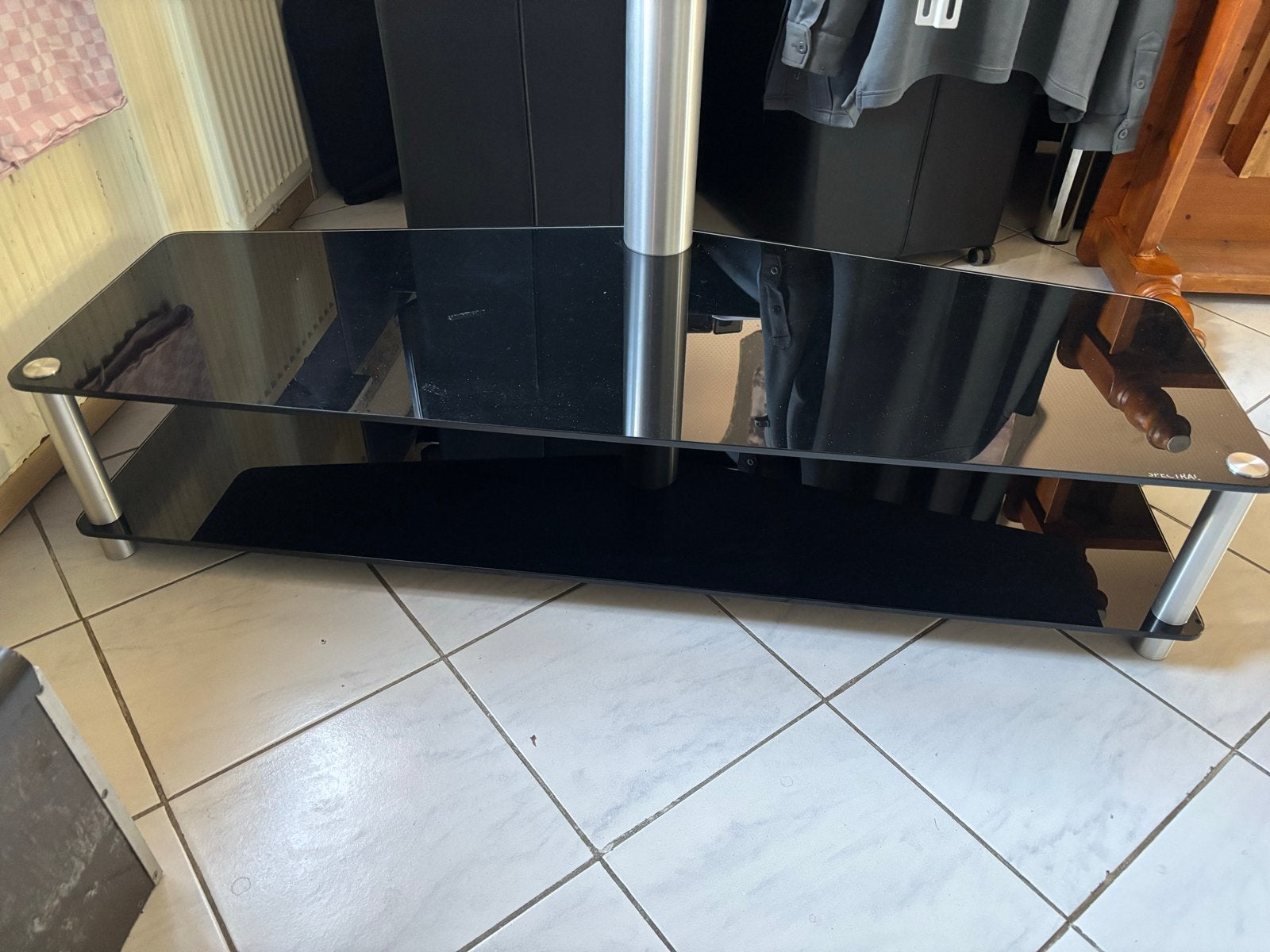 TV-meubel met glazen planken en TV-beugel, Ophalen, Gebruikt, 100 tot 150 cm, Glas