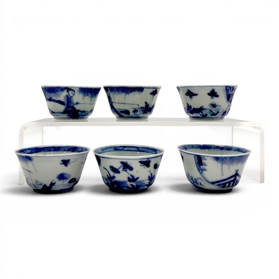 Zes 18e eeuwse Chinese blauw-witte kopjes, Kangxi periode, Ophalen of Verzenden