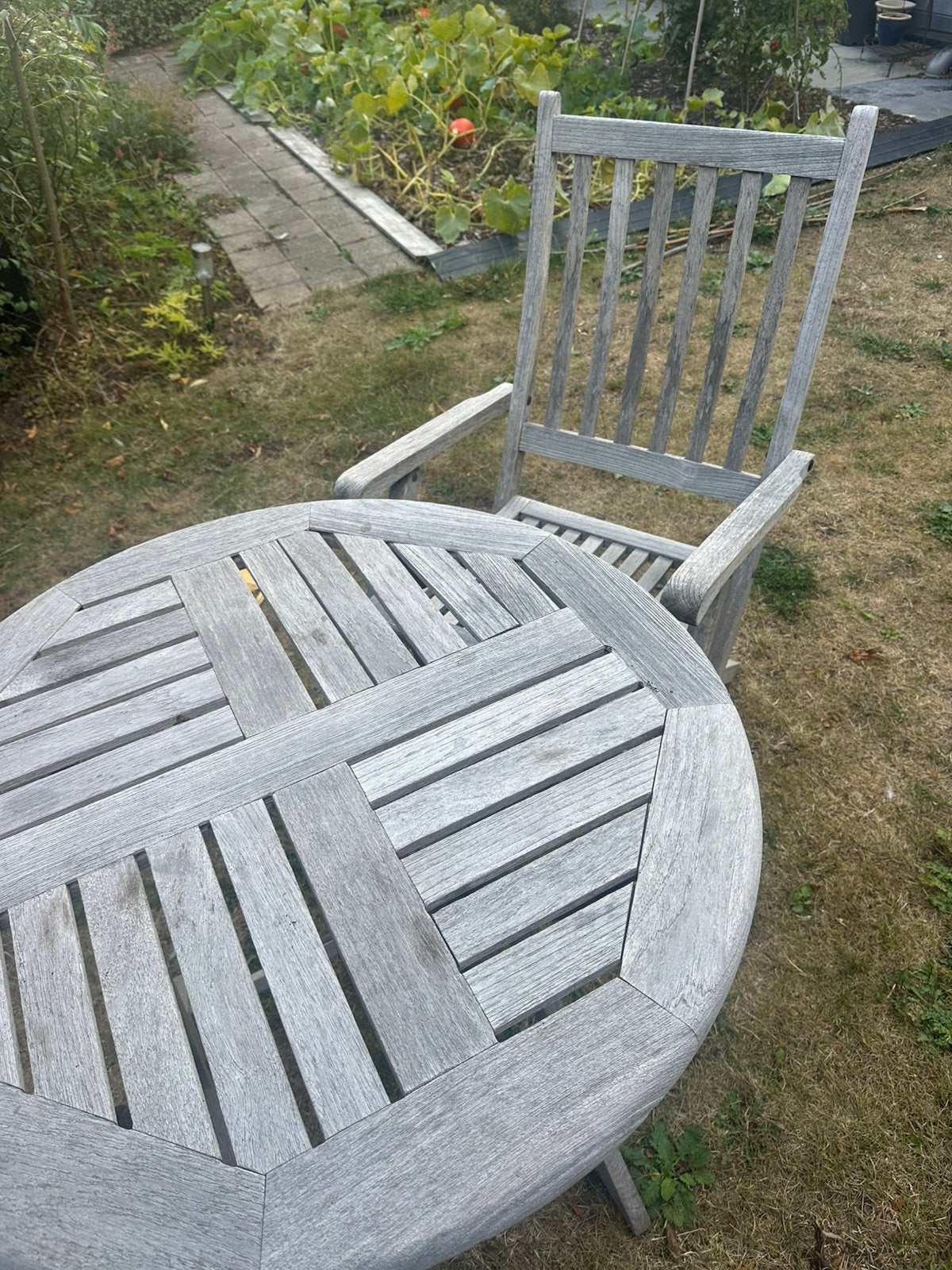Houten tuinset met 3 identieke stoelen, Tuin en Terras, Tuinsets en Loungesets, Ophalen, Gebruikt, Eettafel, 3 zitplaatsen