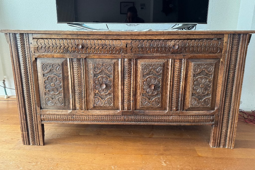 Dressoir met snijwerk, Ophalen, Gebruikt, 100 tot 150 cm, Eikenhout
