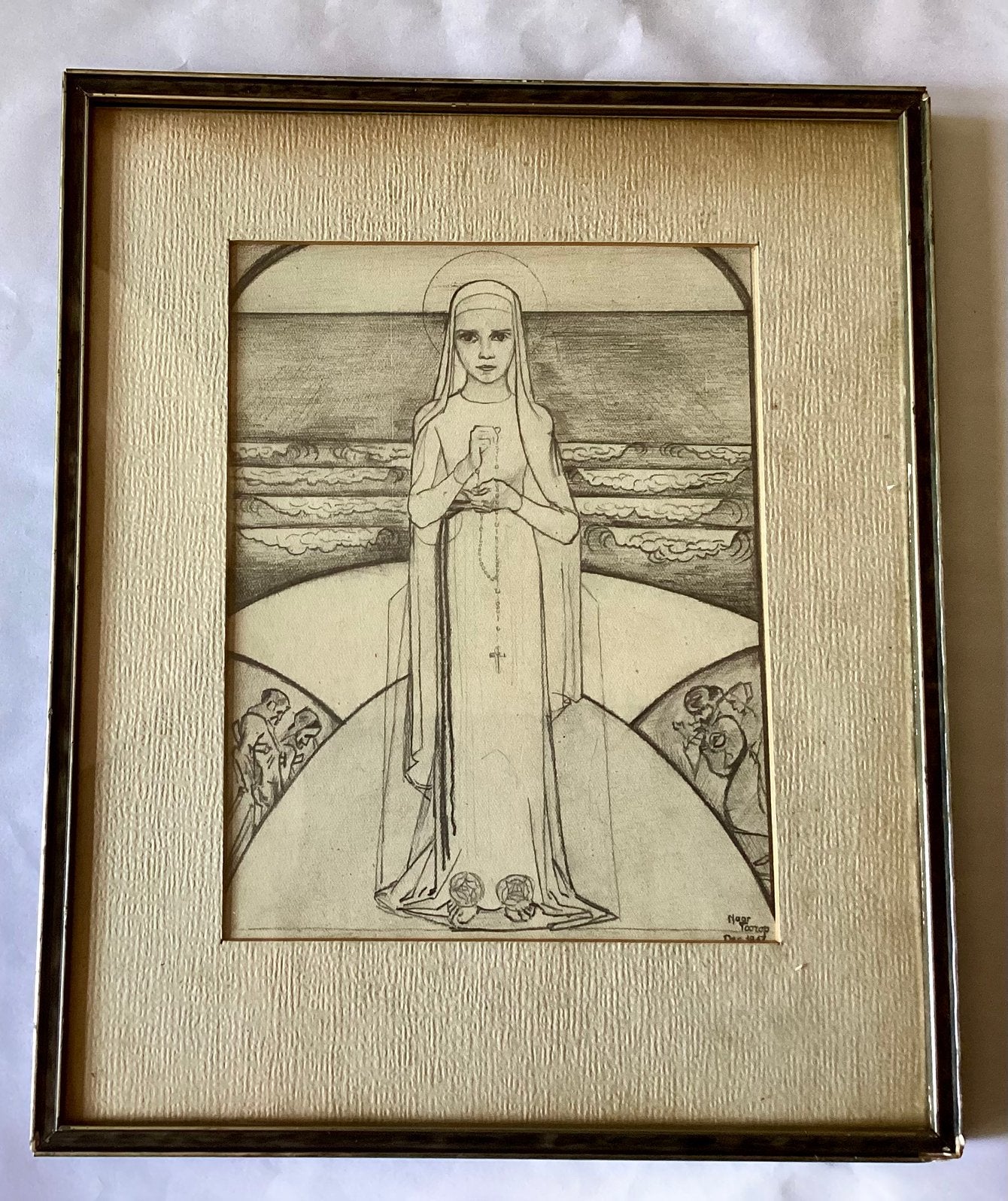 Tekening. Gemaakt naar voorbeeld van Jan Toorop. 1947., Ophalen of Verzenden