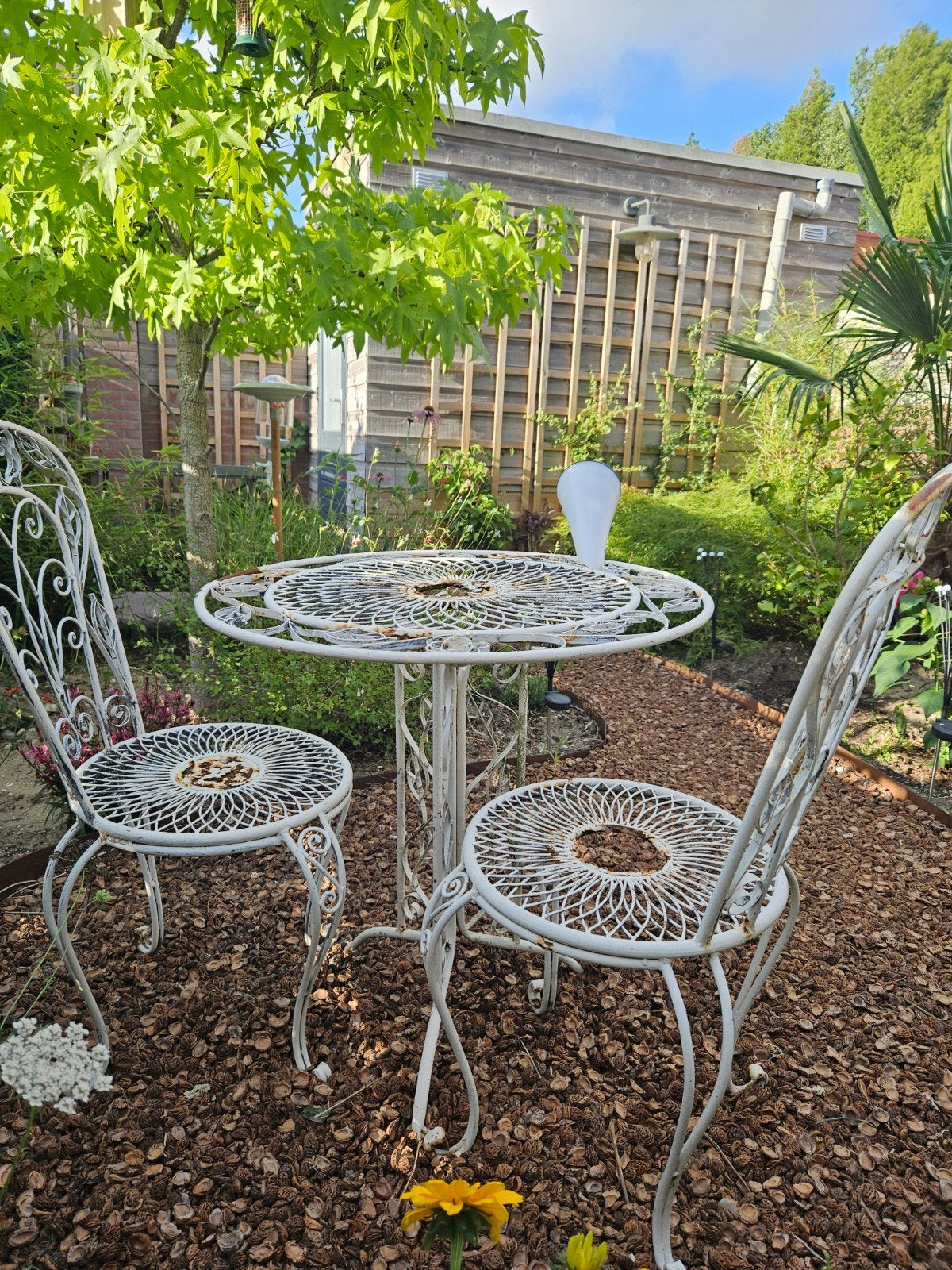 Franse bistro set 3-delig - Wit metaal, Tuin en Terras, Overige materialen, Gebruikt, Tuinset, Eettafel