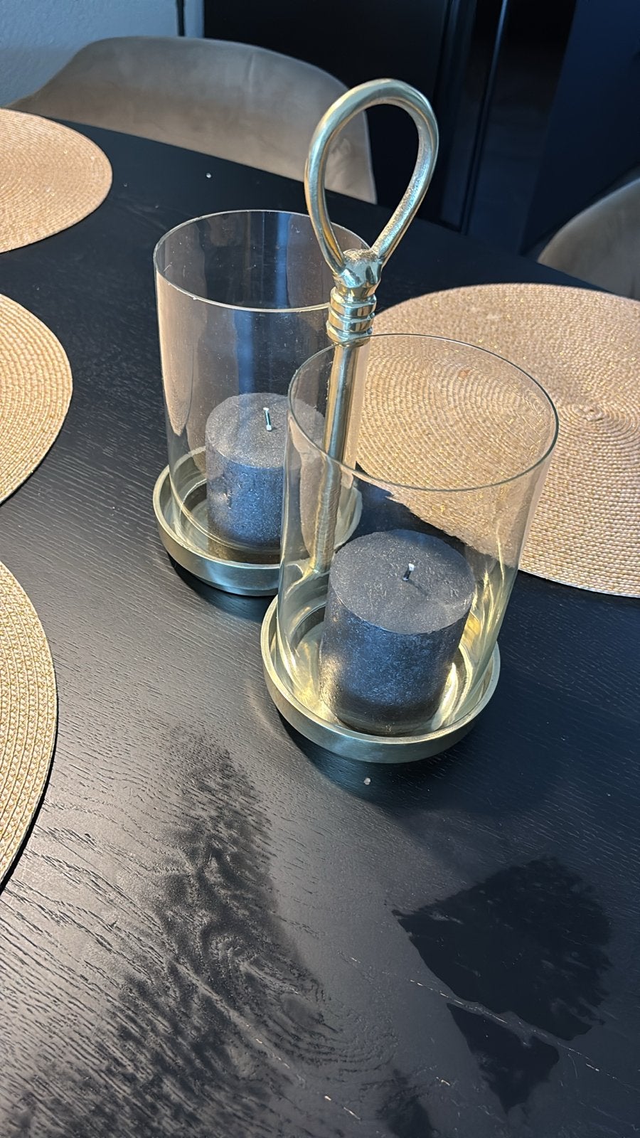 RM Gouden kandelaar met glazen windlichten, Ophalen, Gebruikt, Metaal, Kandelaar