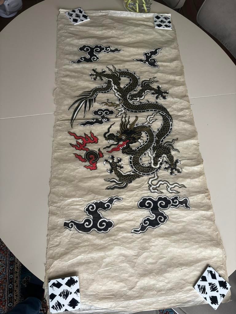 Aziatische draak vintage schilderij op rijstpapier chinees, Ophalen of Verzenden