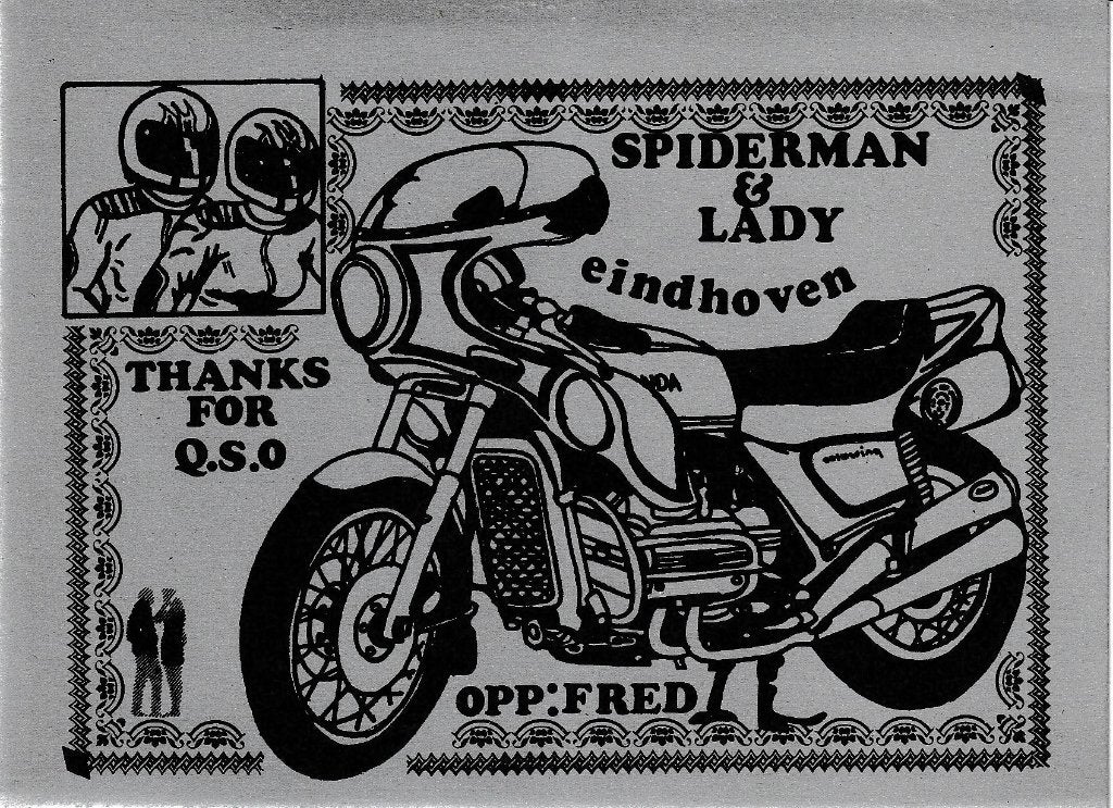 Eindhoven QSL kaart Spiderman en Lady, Ophalen of Verzenden, 1980 tot heden, Ongelopen, Overige thema's
