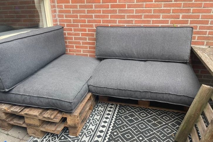 Loungeset van palletbanken met palletkussens - Antraciet, Ophalen, 4 zitplaatsen, Gebruikt, Loungeset