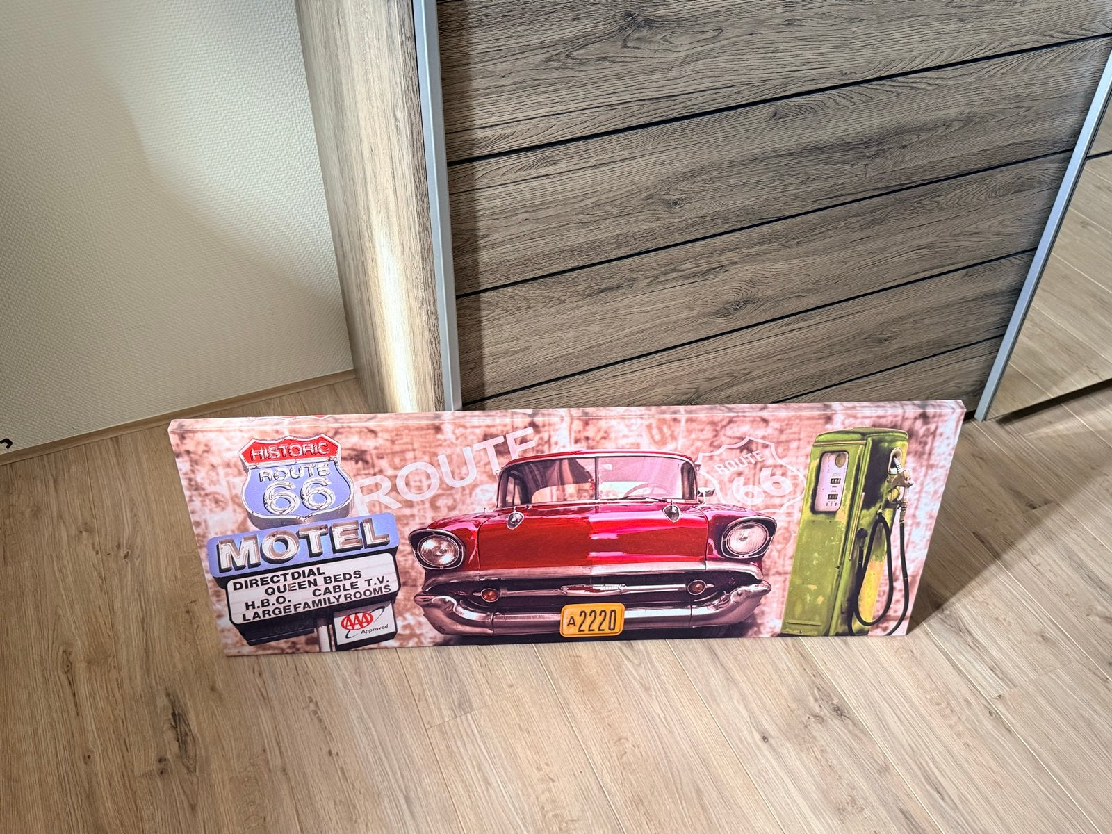 Route 66 Motel Canvas Schilderij - Vintage Auto Decoratie, Ophalen, Vintage, Meerkleurig, Zo goed als nieuw