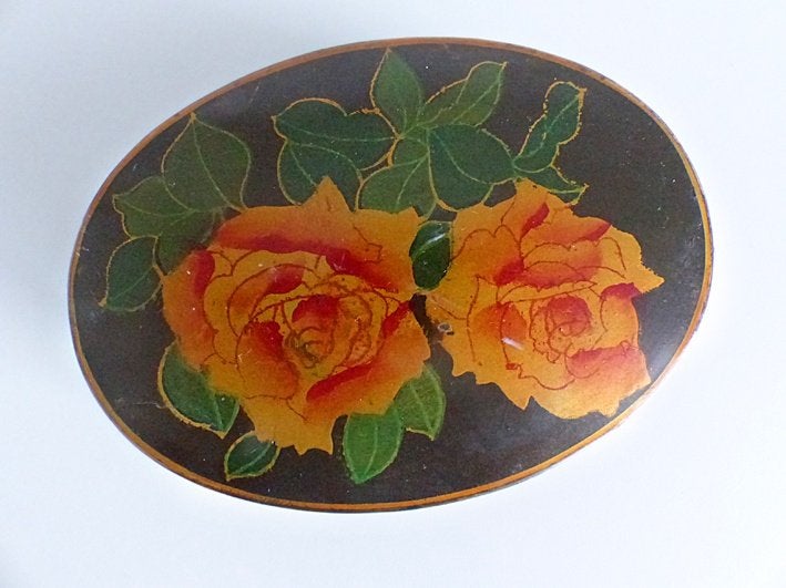 Vintage papier-maché lakdoosje ovaal rozen, Antiek en Kunst, Ophalen of Verzenden