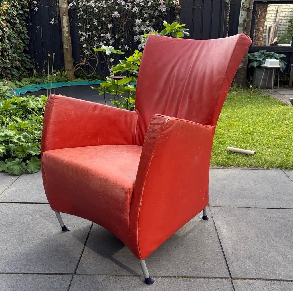 Montis Windy fauteuil - Rood/oranje/tomato leer, Huis en Inrichting, Stoelen, Ophalen, Gebruikt, Leer, Eén