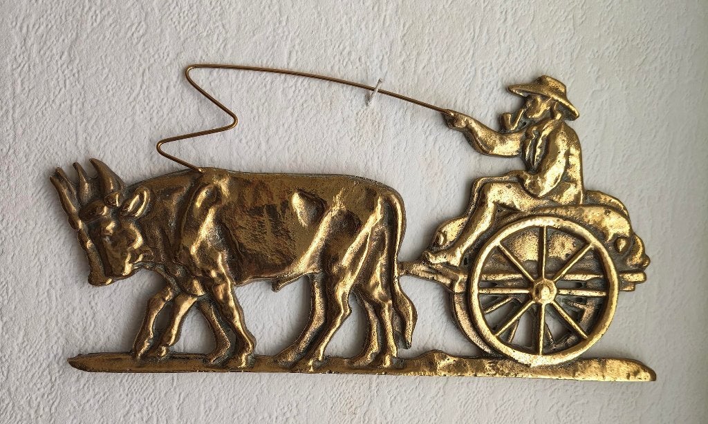 Koperen wandhanger Indonesische man met karbouw, Ophalen of Verzenden, Koper
