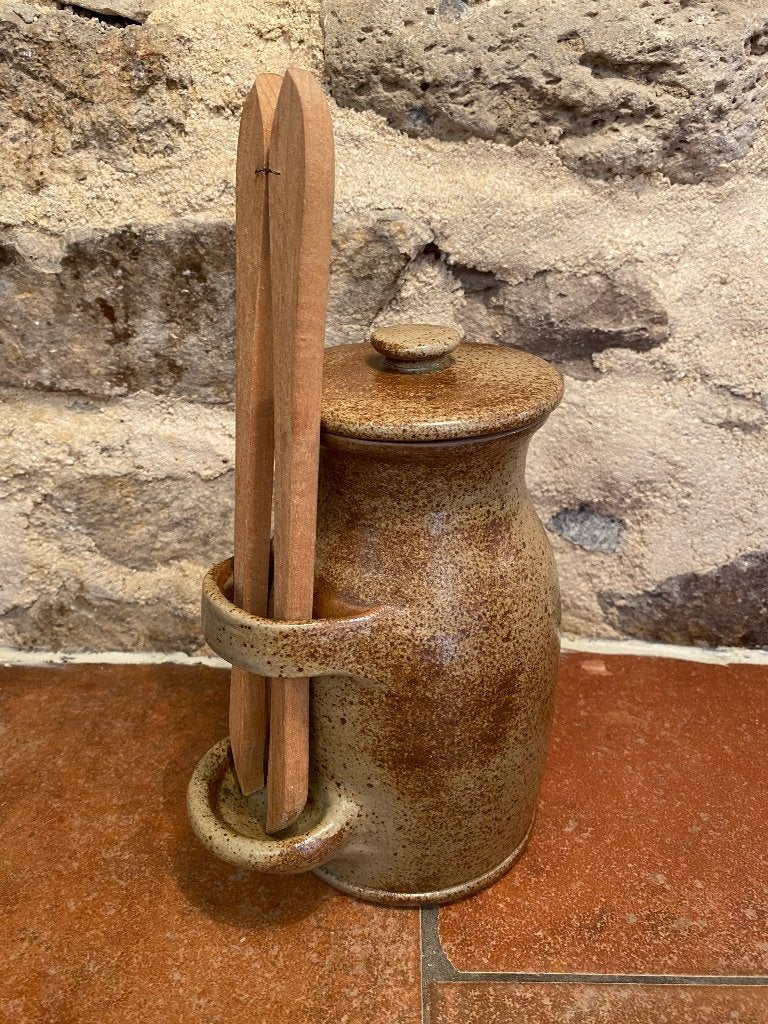 Brocante Franse augurken/compignons pot, houten tang, Ophalen of Verzenden