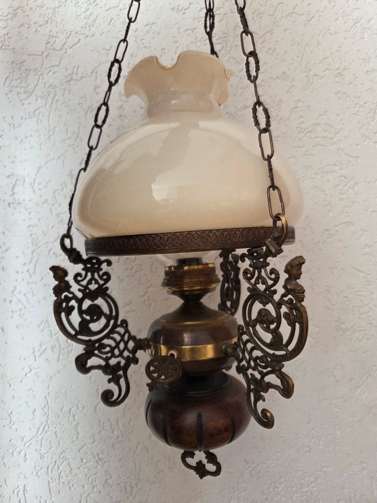 antiek hanglamp, lamp met kap, olielamp met hout, Ophalen of Verzenden