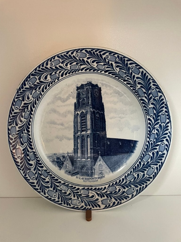 Vintage Delfts blauw wandbord Laurenstoren, Ophalen of Verzenden