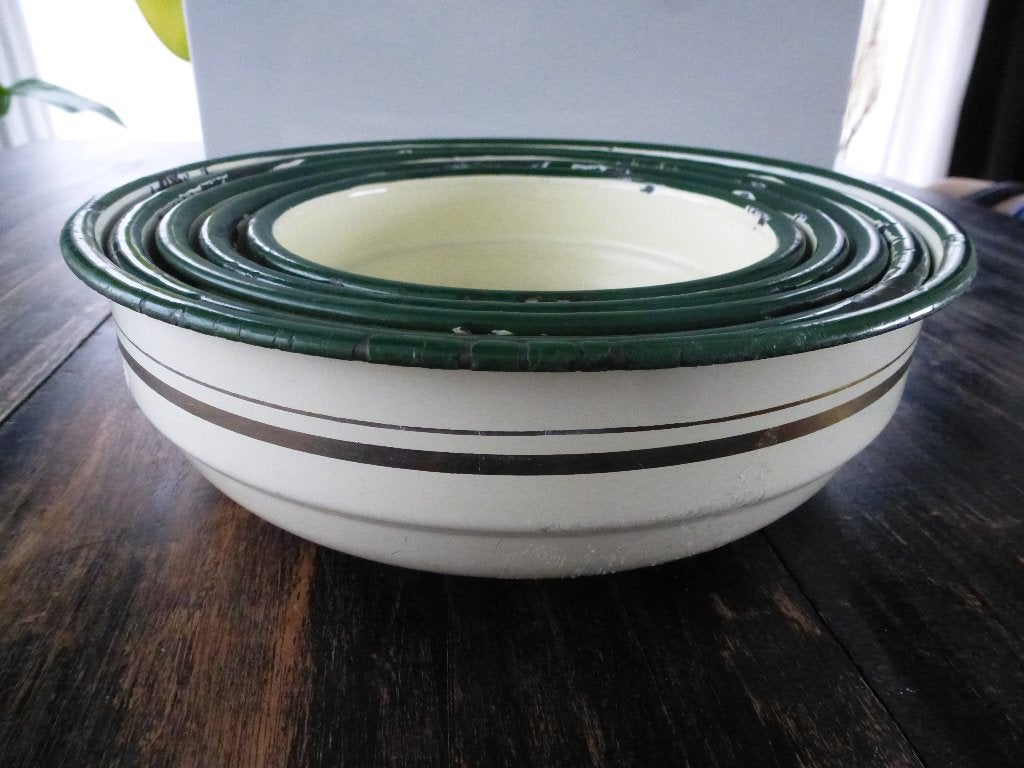 Emaille schalen retro servies groen gouden bies 5x vintage, Ophalen of Verzenden