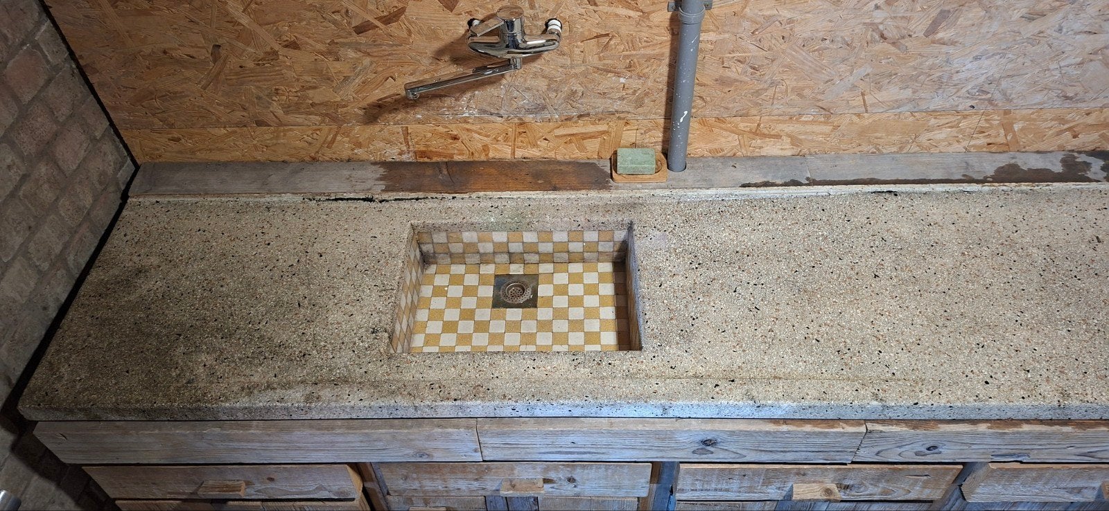 Terrazzo aanrechtblad met tegel spoelbak, Ophalen, Gebruikt, 200 cm of meer, Minder dan 100 cm