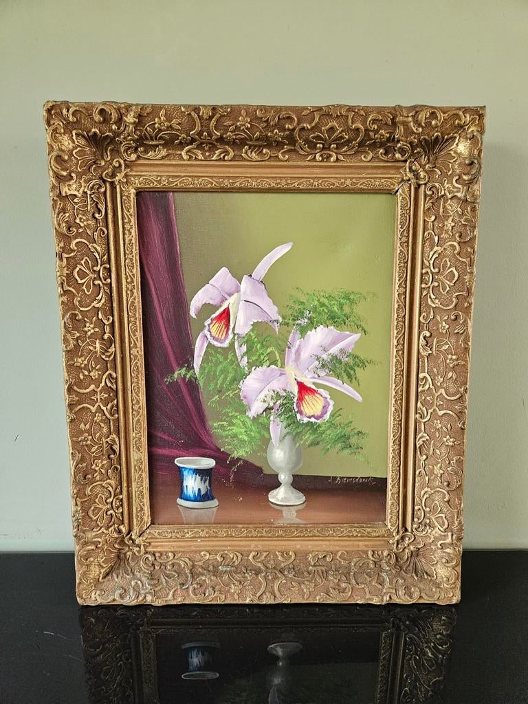 Olieverfschilderij, Orchideeën in barokke goudkleurige Lijst, Antiek en Kunst, Kunst | Schilderijen | Klassiek, Ophalen of Verzenden