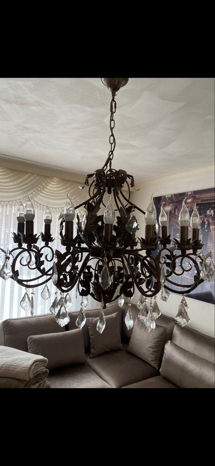 Grote klassieke hanglamp met kristallen, 12-lichts, Ophalen of Verzenden, Gebruikt, Metaal, E14 (klein)