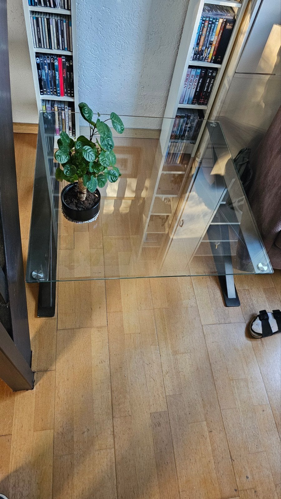 Glazen salontafel met metalen onderstel (90x90x35 cm), Huis en Inrichting, Ophalen, Gebruikt, 50 tot 100 cm, Vierkant