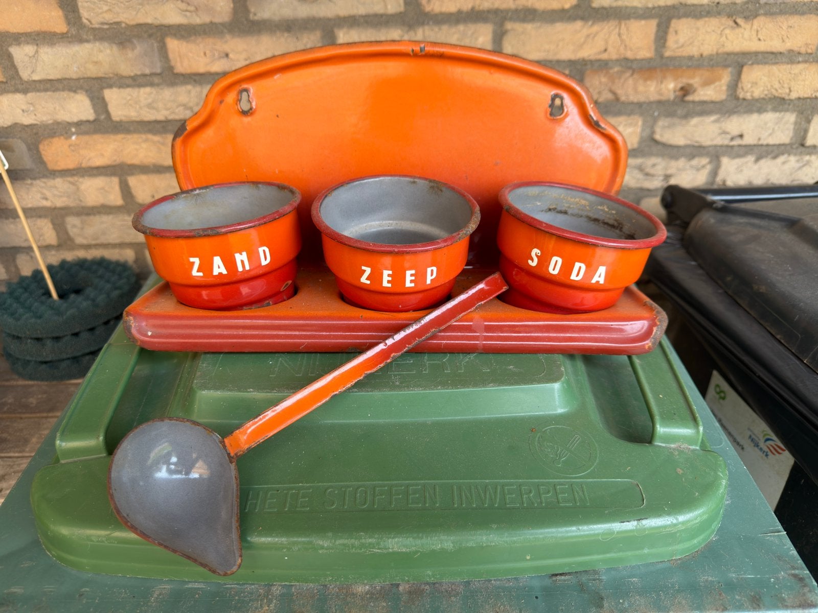 Emaille Zand Zeep Soda set met juslepel, Antiek en Kunst, Antiek | Emaille, Ophalen of Verzenden