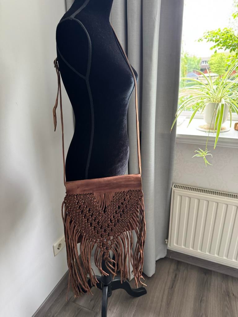 Bohemian Leren Crossbody Tas met Vlechtwerk & Franjes, Ophalen of Verzenden, Zo goed als nieuw, Bruin, Overige typen