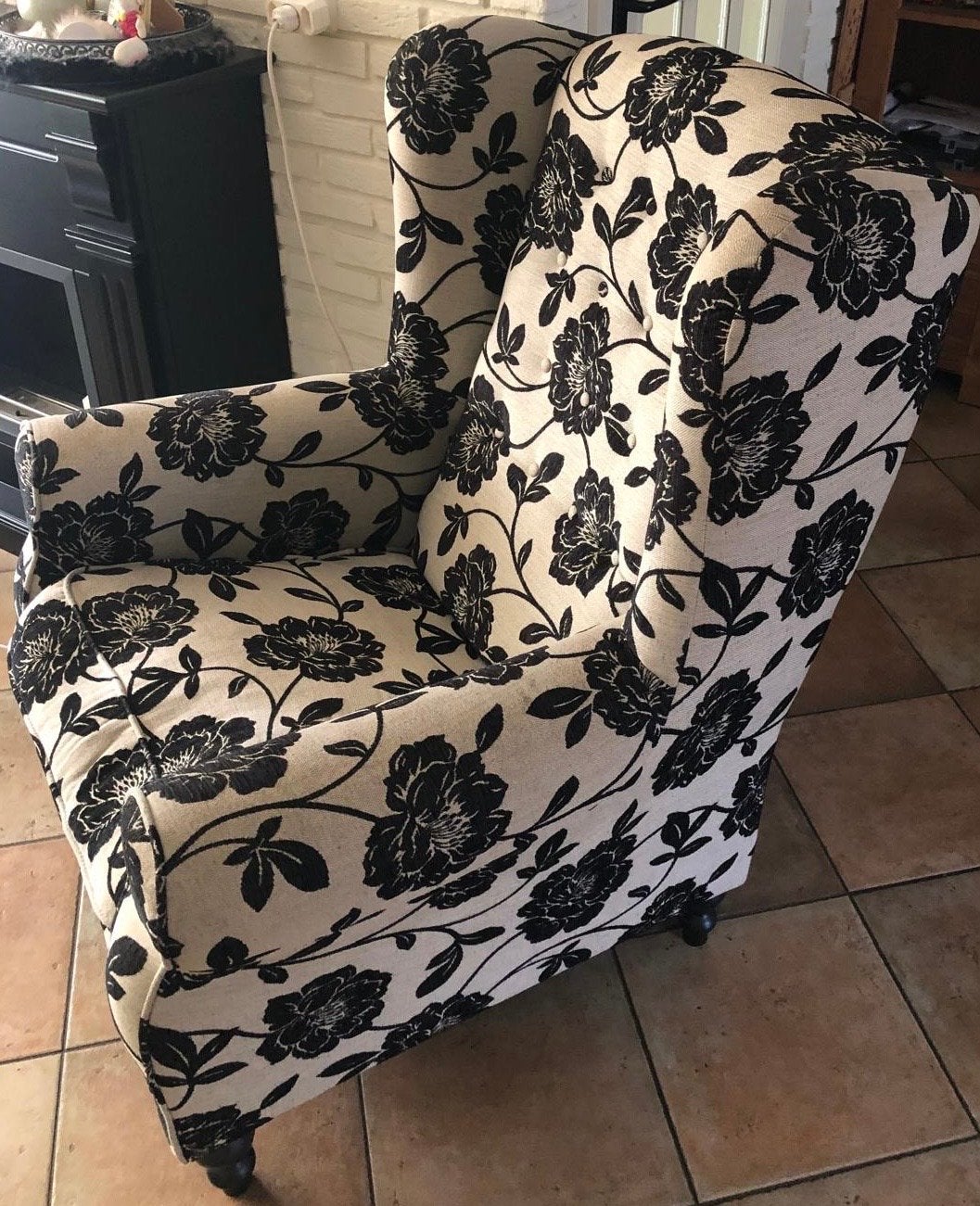 Fauteuil met bloemenprint - Zwart/Crème, Ophalen, Gebruikt, Stof, 75 tot 100 cm