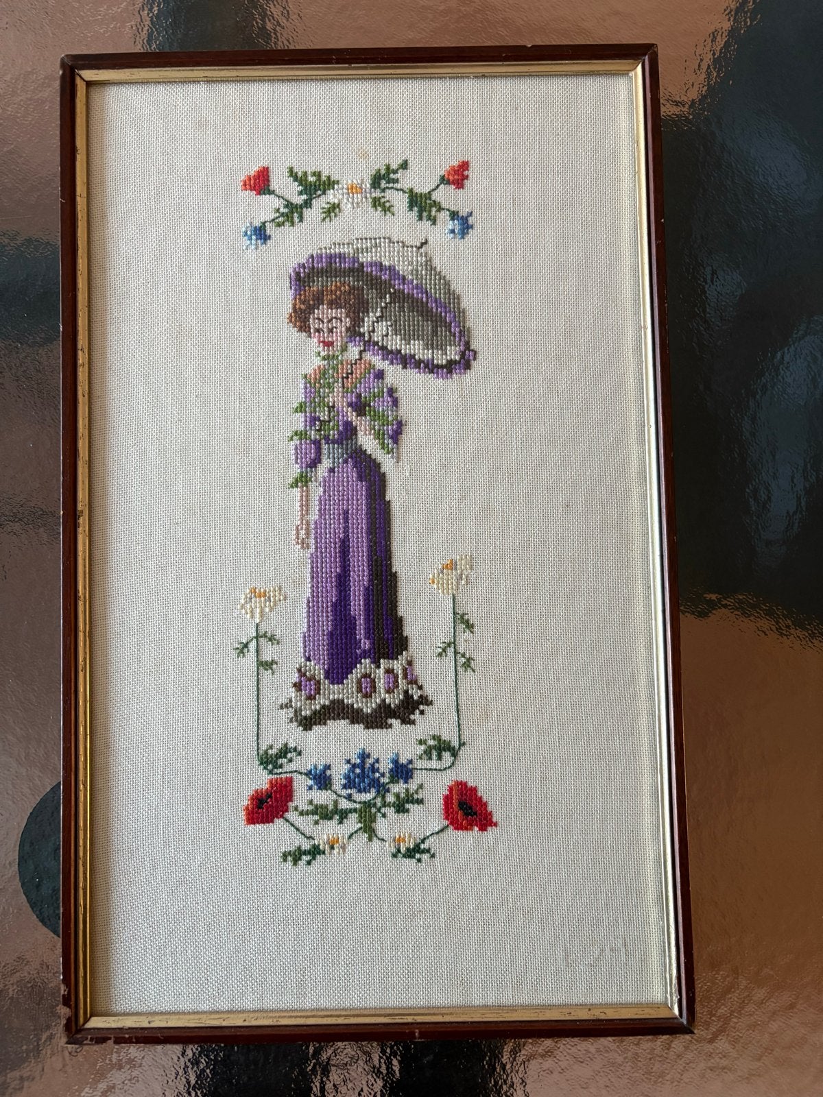Geborduurd schilderij dame met parasol, 50 – 75, Minder dan 50 cm, Gebruikt, Overige typen