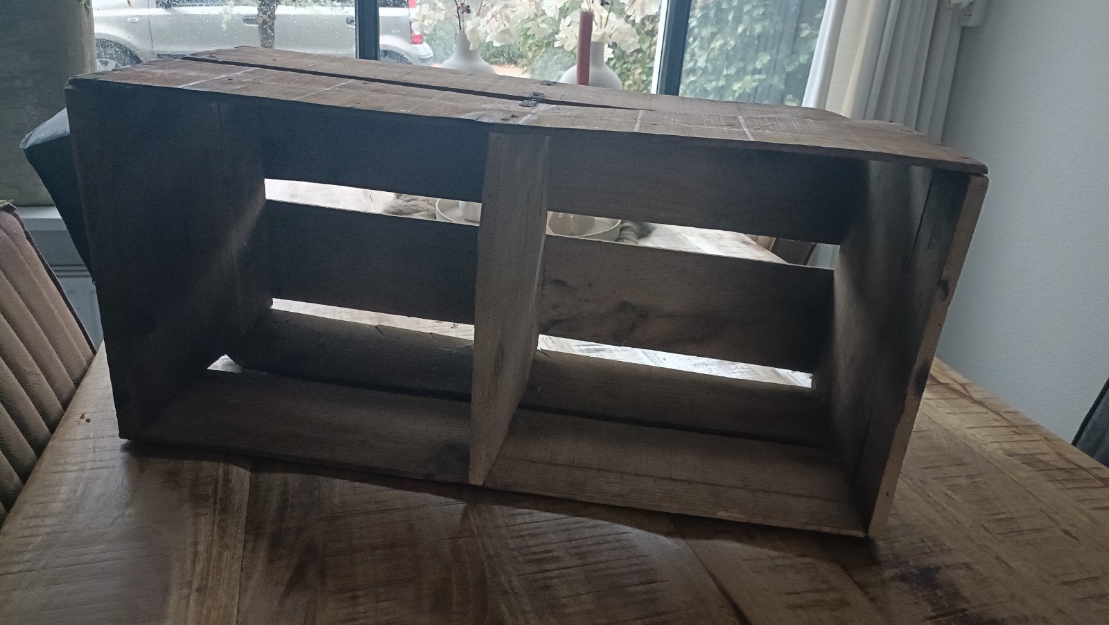 Houten krat met twee vakken, Ophalen, Gebruikt