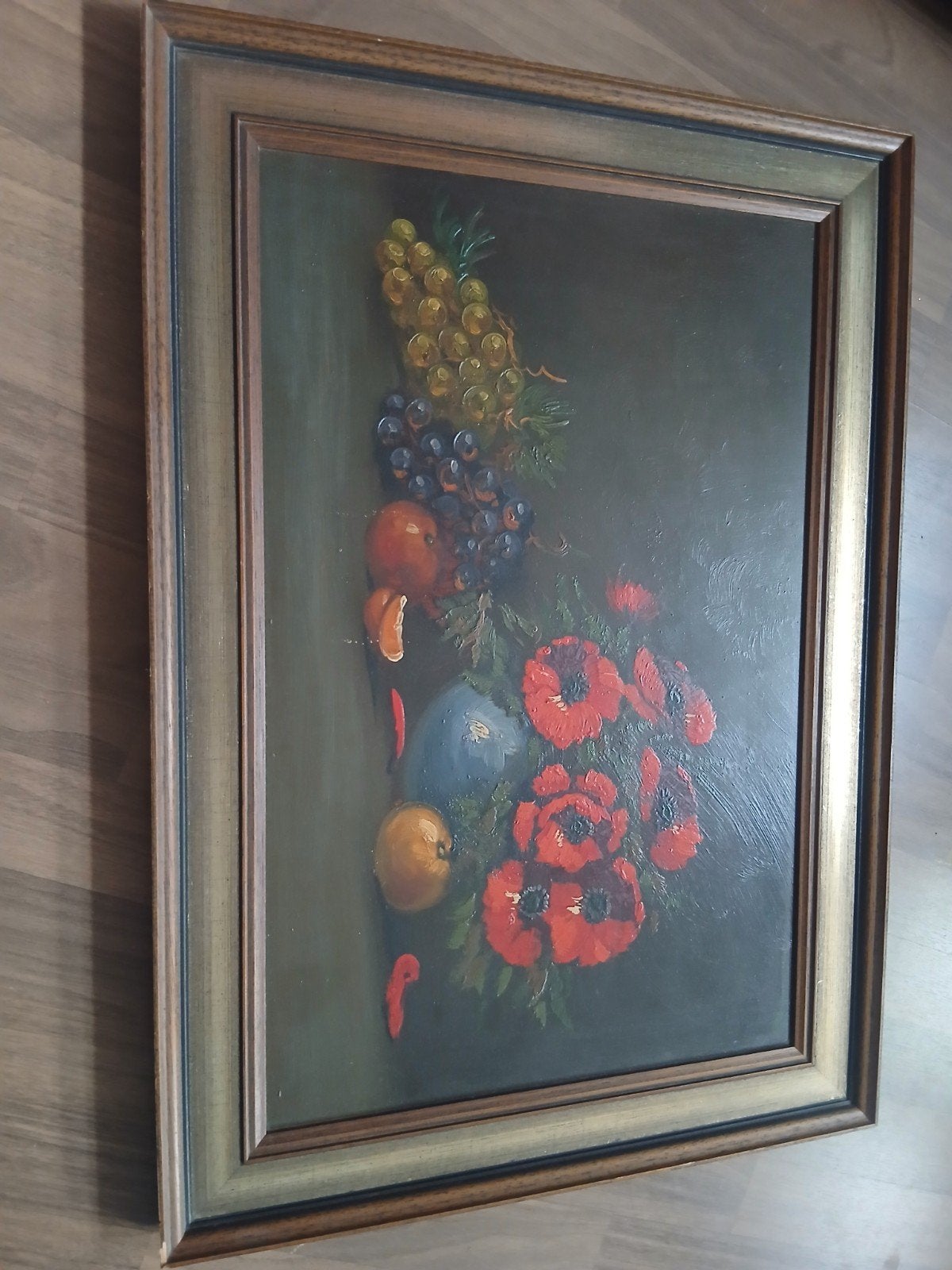 Klassiek stilleven met fruit en bloemen, olieverf, Antiek en Kunst, Handgeschilderd, Doek, Stilleven, Ophalen of Verzenden