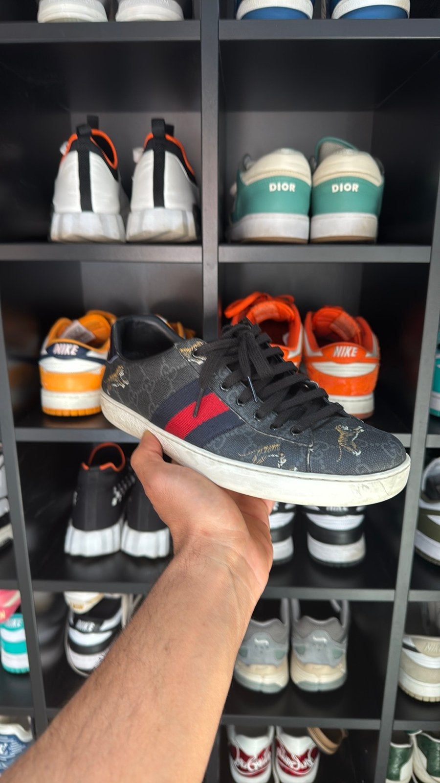 Gucci Tiger Ace Sneakers maat 41, Ophalen, Gedragen, Zwart, Sneakers of Gympen