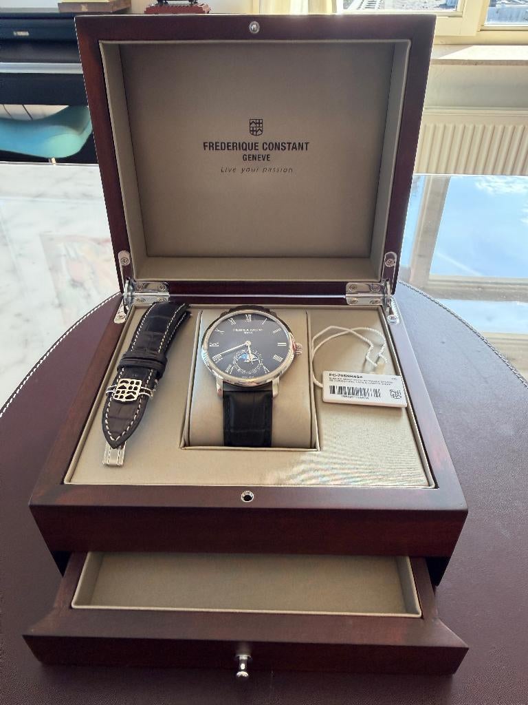 Frederique Constant Slimline Moonphase, Overige merken, Leer, Staal, Polshorloge