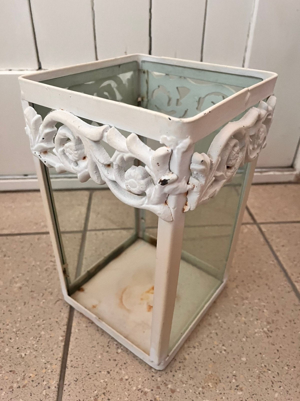 vintage lantaarn gietijzer/glas, Tuin en Terras, Ophalen, Minder dan 30 cm, Rond, Zo goed als nieuw