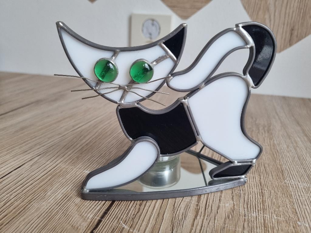 Prachtige Glas in Lood Tiffany Glas Kat Waxinelicht Houder, Overige materialen, Verzenden, Zo goed als nieuw, Groen