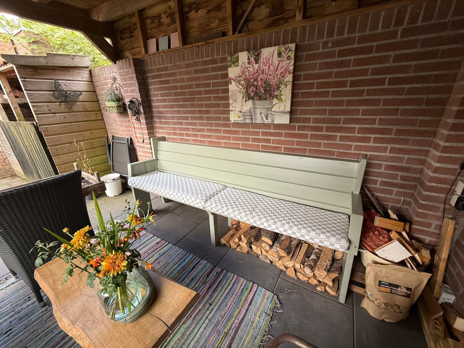 kerkbank met kussens, Tuin en Terras, Ophalen, Gebruikt, Hout