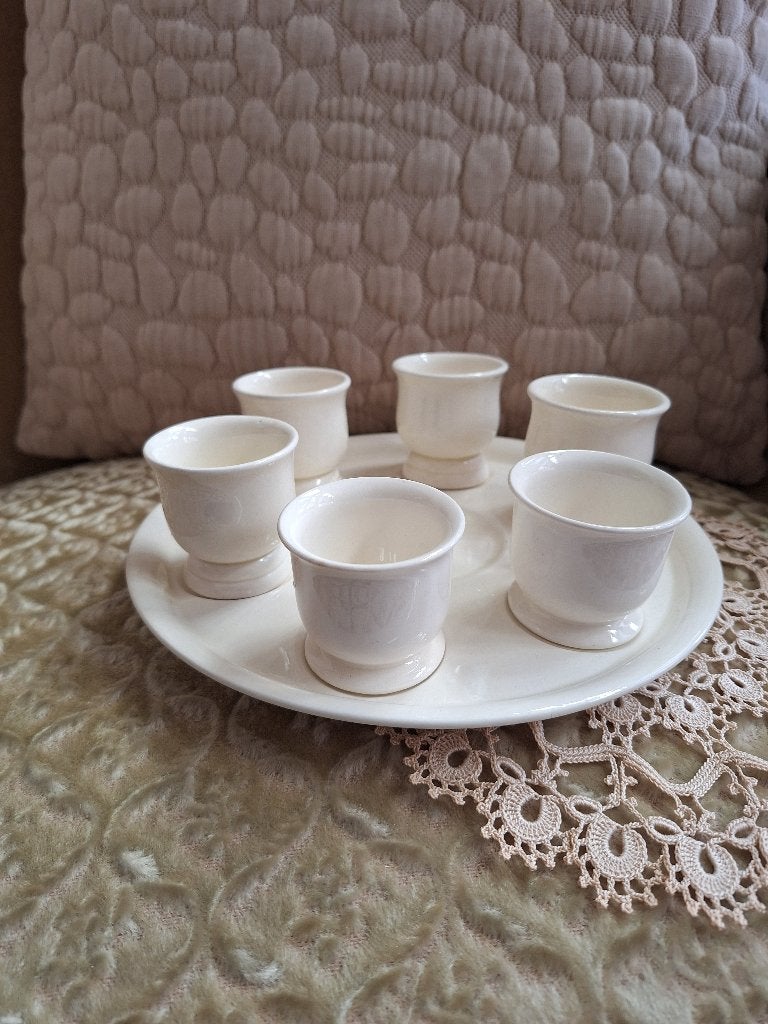 Vintage Schaal & 6 Eierdopjes Society Ceramique ** Mimosa **, Ophalen of Verzenden