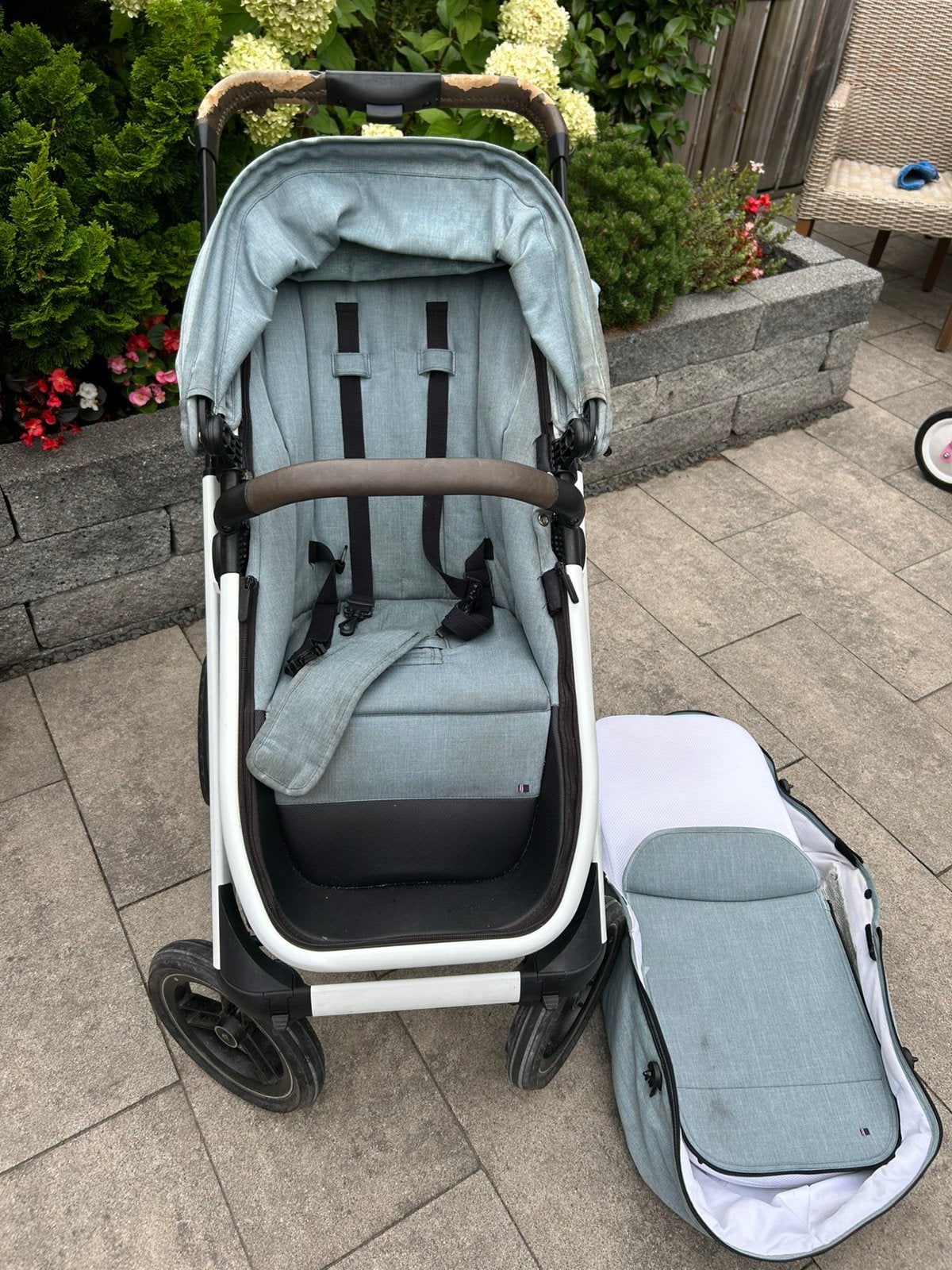 Groenige dubatti wagen inclusief voetenzak/reiswieg/buggy, Gebruikt, Luchtbanden, Combiwagen, Ophalen