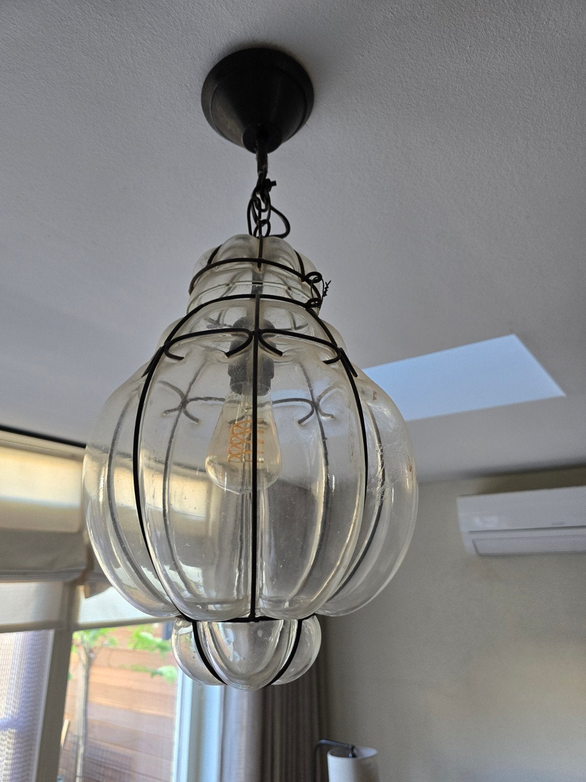 Venetiaanse glazen hanglamp met metalen frame, Gebruikt, Vintage, Industrieel, Glas, E27 (groot)