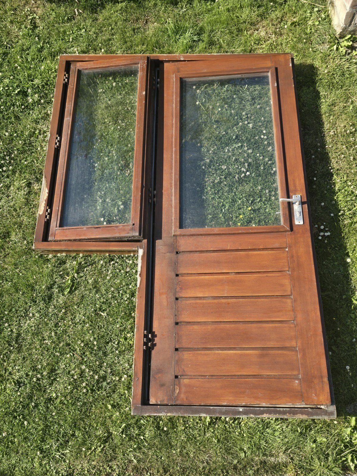 Hardhouten kozijn met deur en raam, Doe-het-zelf en Verbouw, Deuren en Horren, Buitendeur, 200 tot 215 cm, Hout, Ophalen