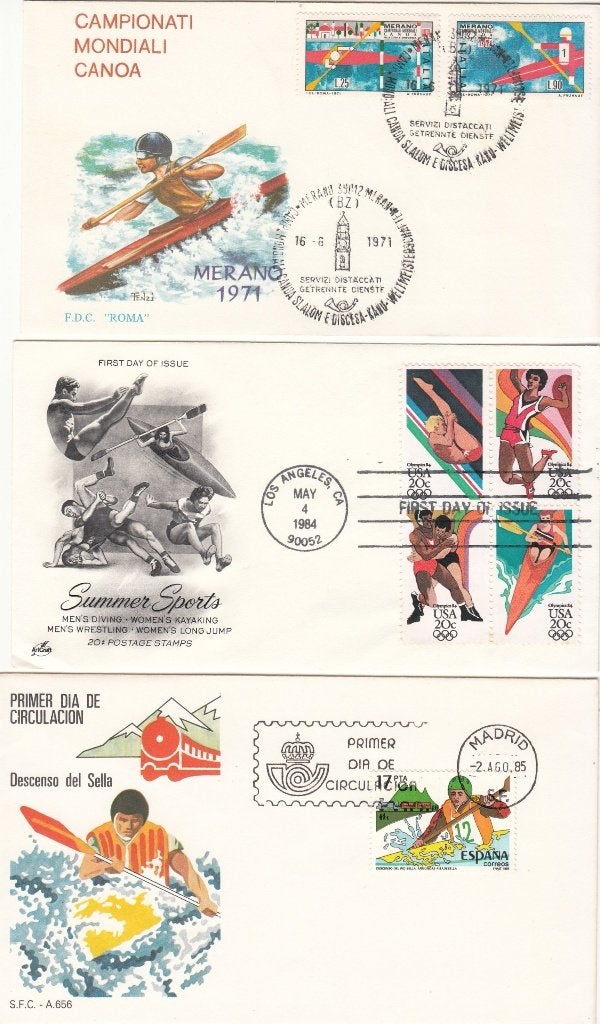 Kayaking 3 geillustreerde FDC's o.a. Italië 1971 met serie, Ophalen of Verzenden, Envelop