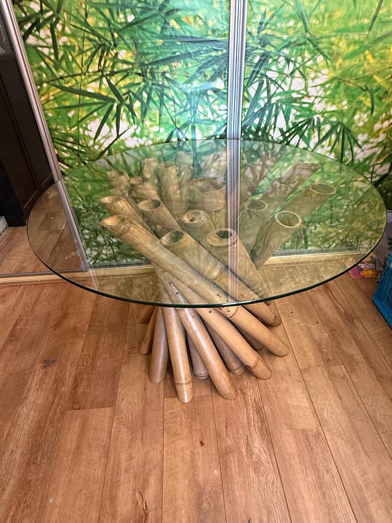 Glazen/bamboe eettafel rond, Ophalen, Gebruikt, Glas, Rond
