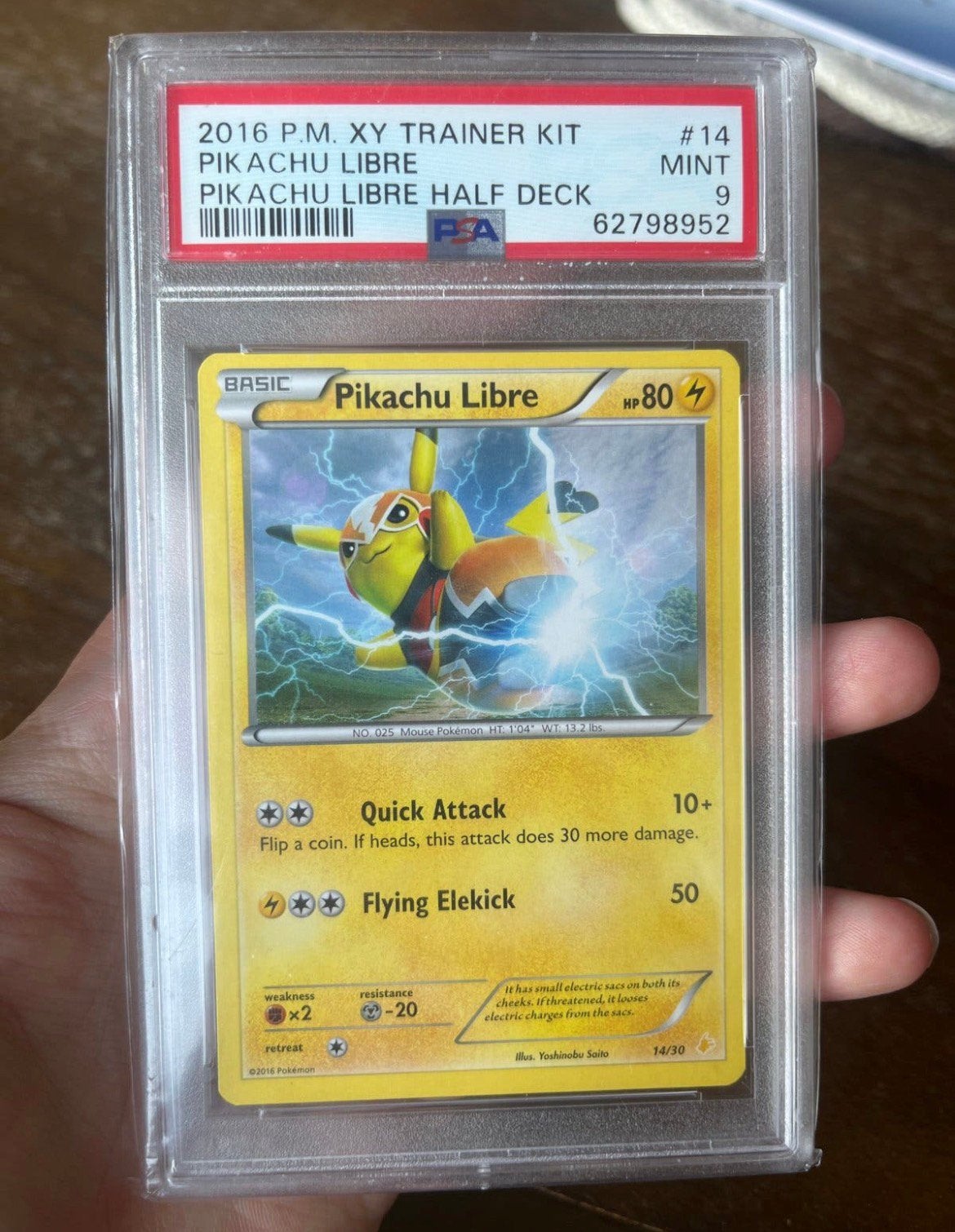 Pikachu Libre PSA 9 - 2016 P.M. XY Trainer Kit #14, Ophalen of Verzenden, Zo goed als nieuw, Losse kaart