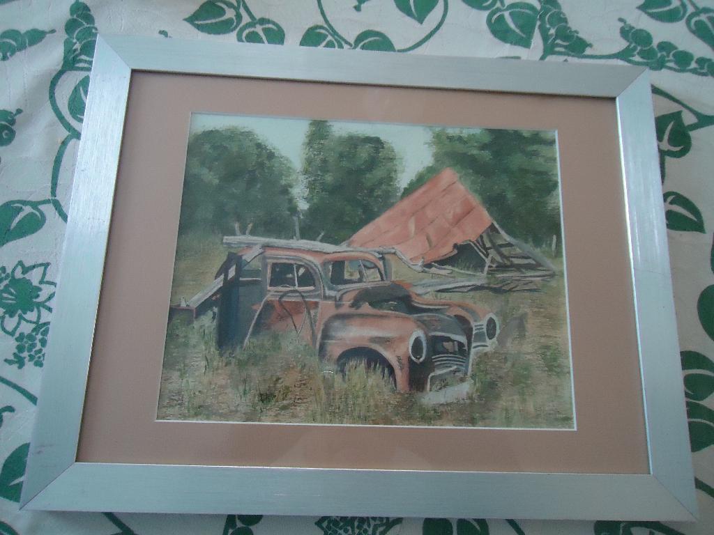 Oldtimer bij Barn USA prachtige tekening gesigneerd in lijst, Verzenden