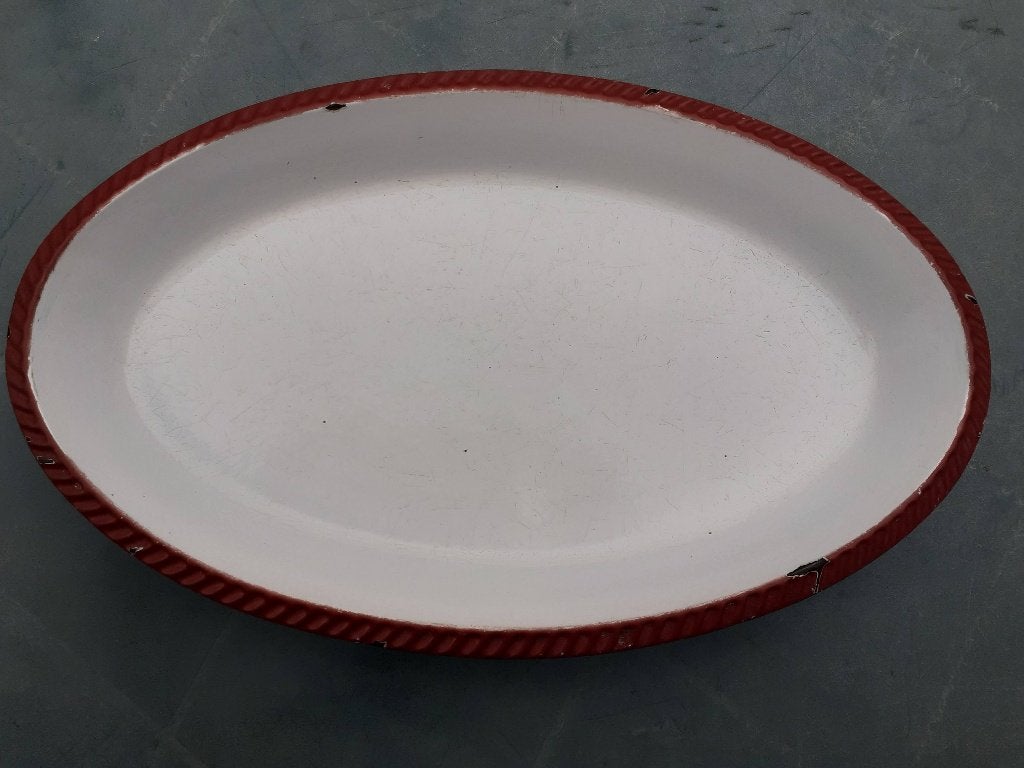 DRU MADE IN HOLLAND oranje vintage gietijzer ovenschaal 36cm, Gebruikt, Gietijzer, Overige typen, Ophalen of Verzenden