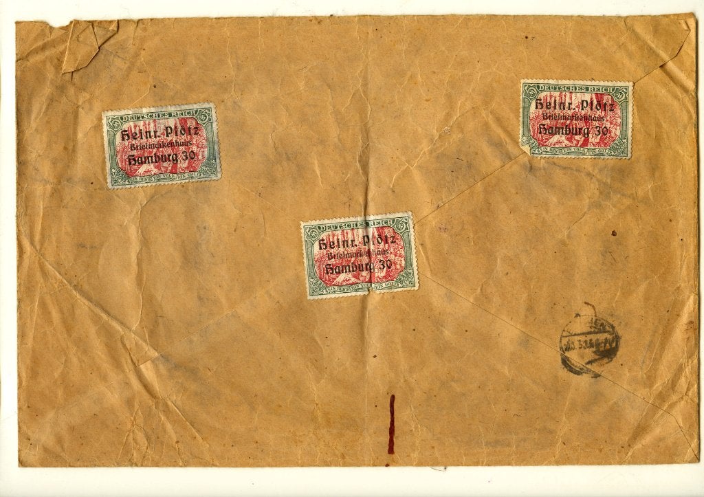 Envelop met 3 Zegels Heinr.Plötz Briefmarkenhaus Hamburg, Ophalen of Verzenden, Envelop