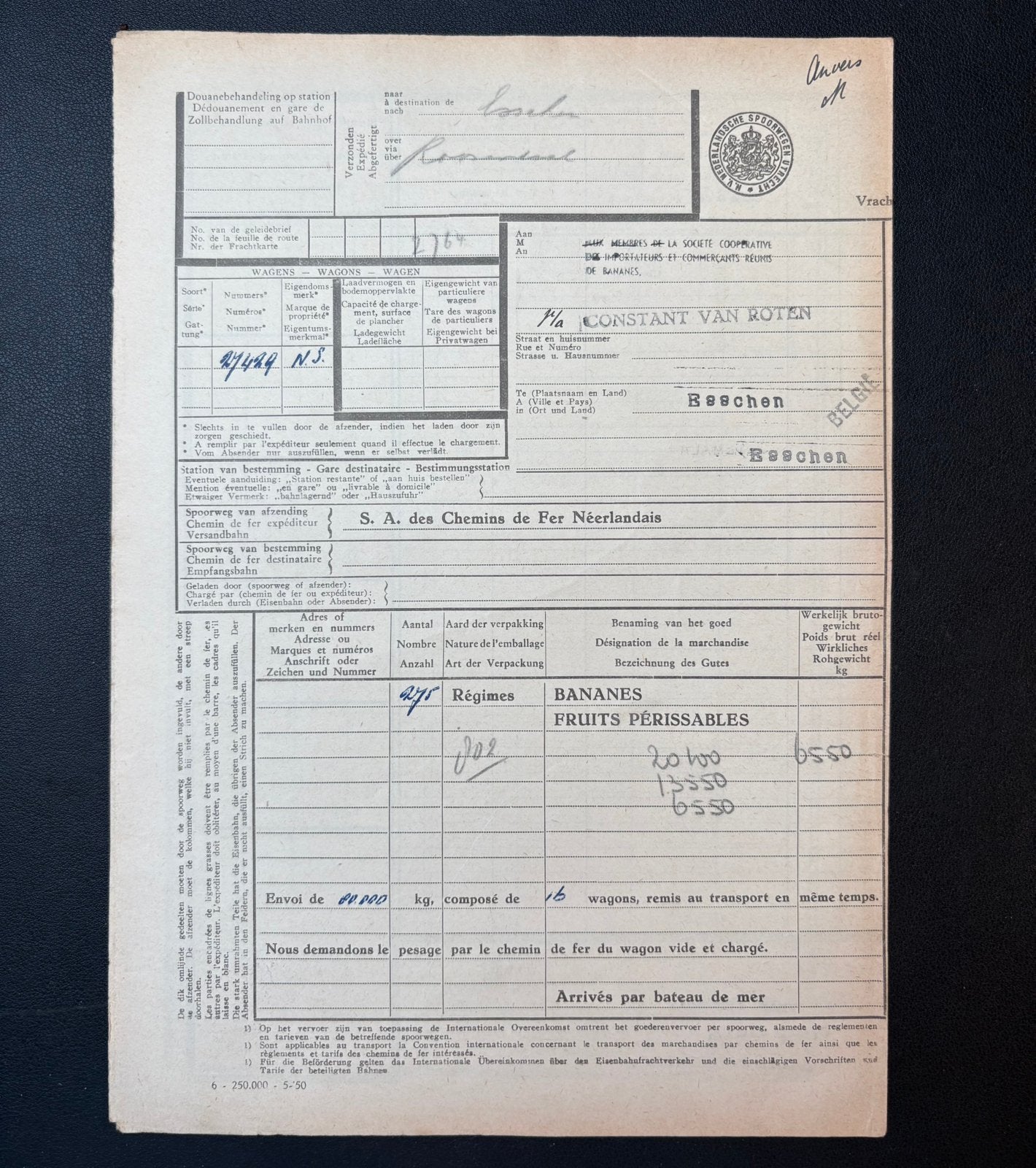 Vrachtbrief bananen van Rotterdam Zuid naar Essen (1951), Ophalen of Verzenden, Gebruikt, Trein