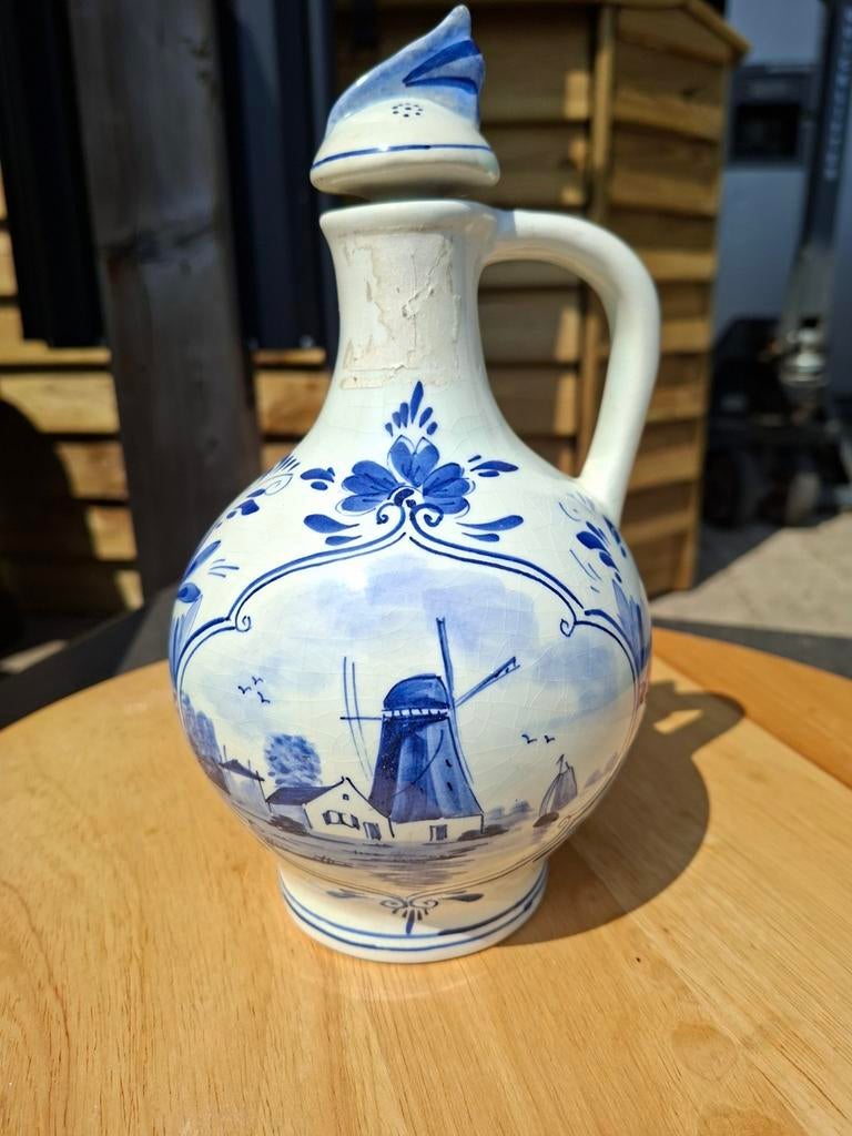 Delfts blauwe jeneverkruik met molentafereel - Klaveren, Antiek en Kunst, Ophalen of Verzenden