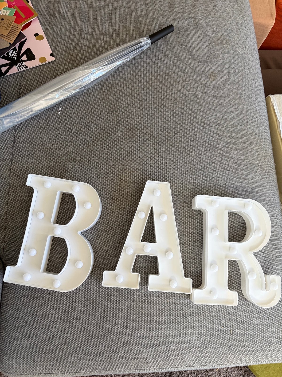 BAR lichtbord + 6 lijstjes – bruiloft decoratie, Gebruikt, Kunststof, Ophalen of Verzenden, Modern