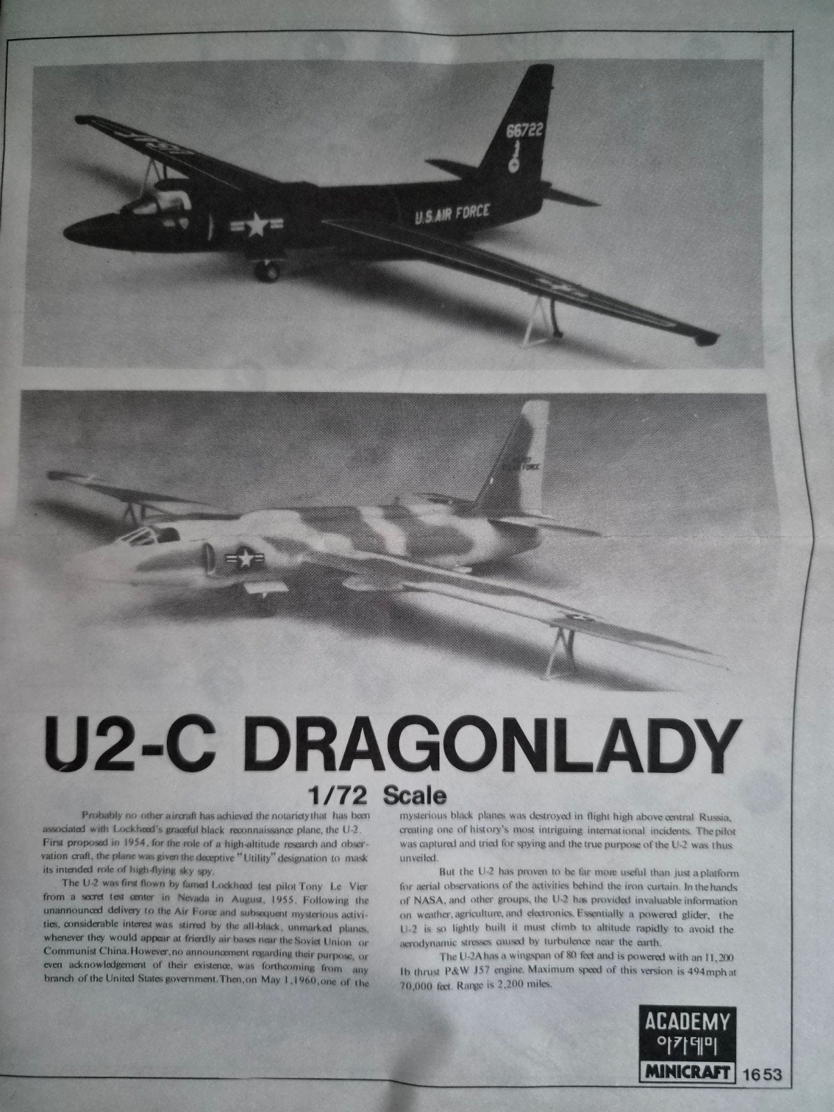Academy 1653 Lockheed U-2 Dragon Lady 1:72 zonder doos, Overige merken, 1:72 tot 1:144, Academy, Ophalen of Verzenden