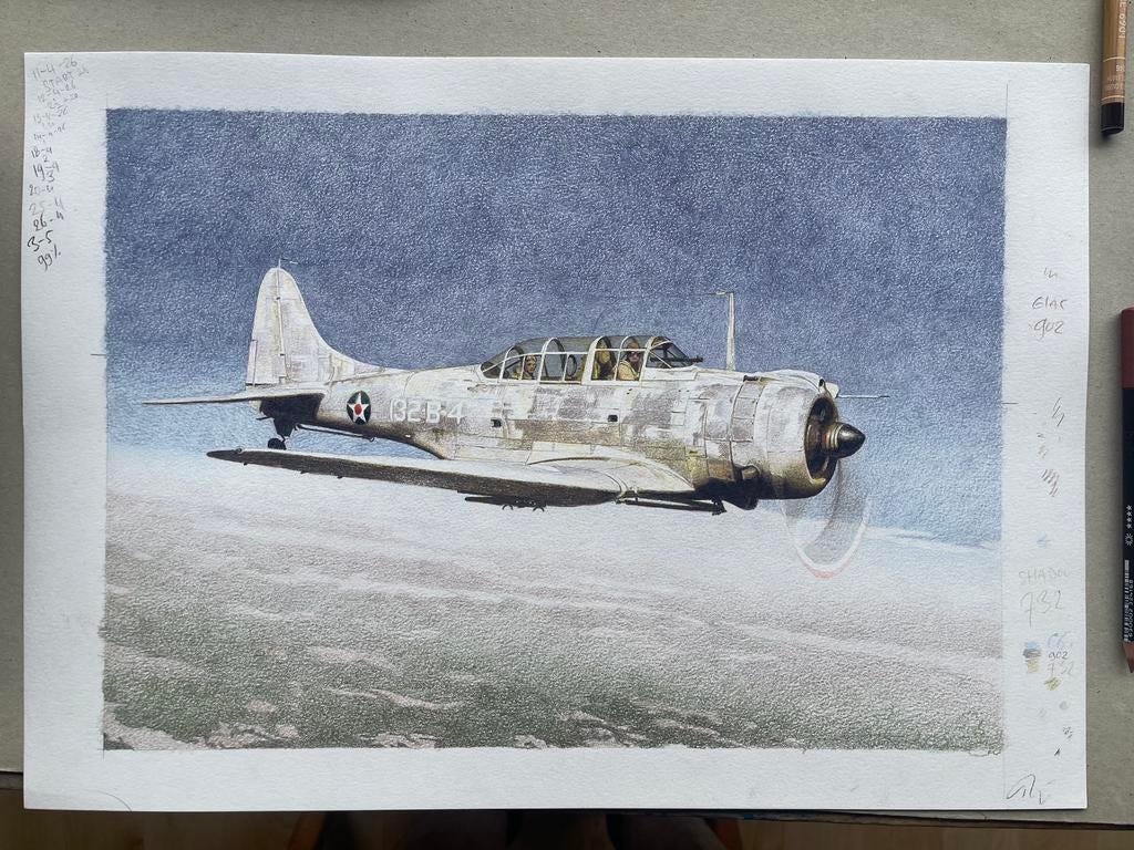 Douglas SBD-1 Dauntless. Kleurpotlood op A3, Antiek en Kunst, 25 cm, Overige technieken, Militair, 35 cm