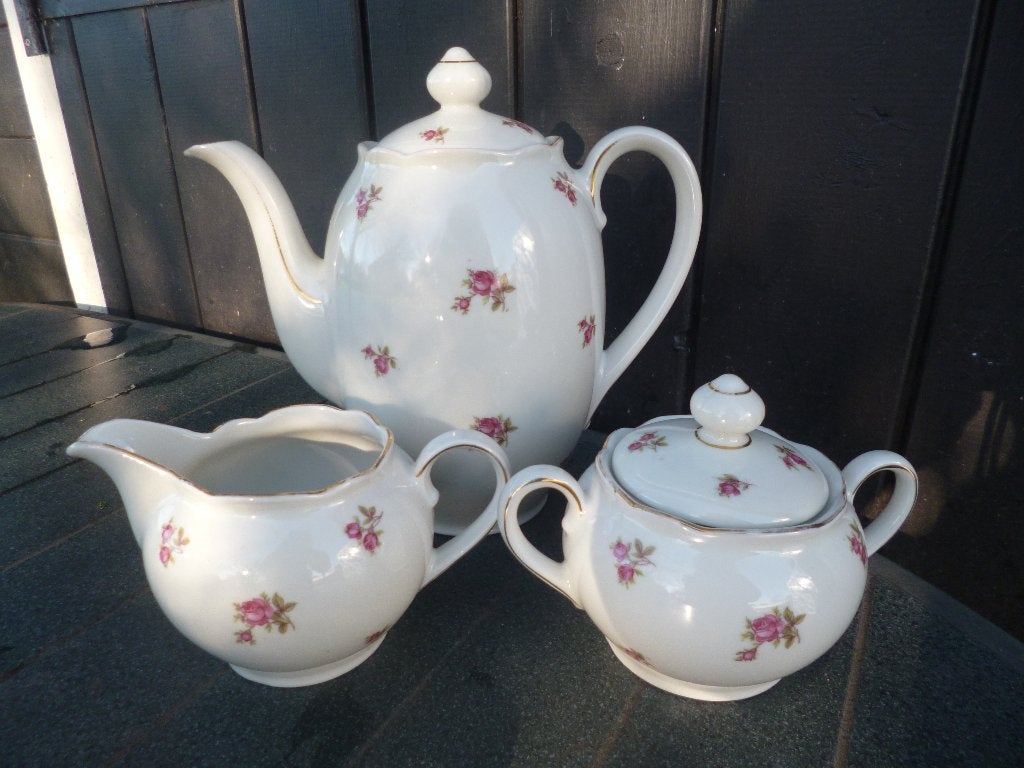Koffiepot, Roomstel, Broodschaal Bavaria W met roze roosjes, Ophalen of Verzenden